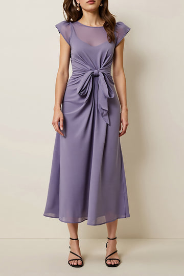 Grey Purple A Line Wedding Guest Dress with Cap Sleeves